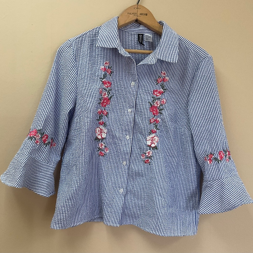 Divided H&M Blue Striped Floral Womans Blouse Shirt Size 6